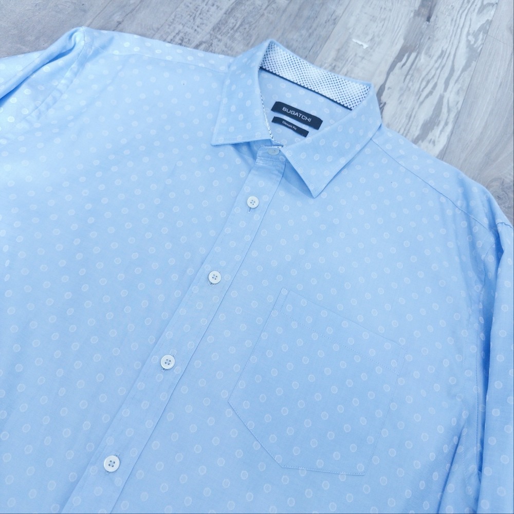 Bugatchi Classic Fit Geometric Long Sleeve Button Up Shirt XL Sky Blue Cotton